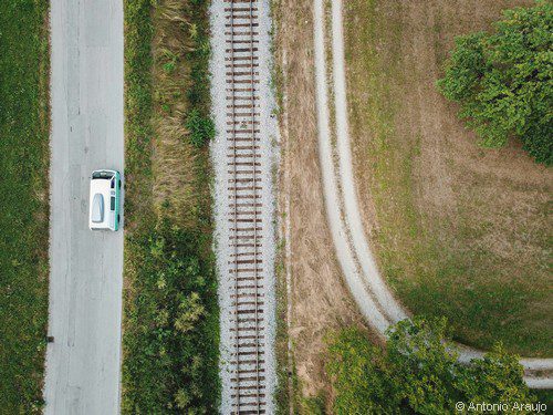 vu d'en haut : un camping-car sur la route, un chemin de fer et chemin nature